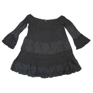 Free People Off-the-Shoulder Tunic Top M Black Lace Trim Bell Sleeve Boho Hippie